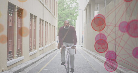 Poster - Image of networks with digital icons over african american man riding bike in city
