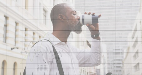 Poster - Image of statistic processing over african american man having coffee, using smartphone in city