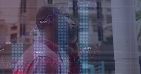 Poster - Image of financial data processing over african american man having coffee