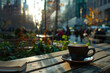 Within the vibrant bustle of a bustling city park, amidst the hustle and bustle of urban life, freeze the moment of a person finding solace in a cup of coffee, their soul nourished