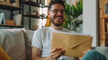 Joyful Hispanic Received Letter Mail Notification Man Sitting At Home In Living Room On Sofa Holding Envelope Smiling Reading. 