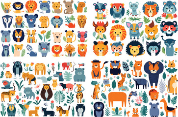 set child character cute animal jungle design print illustration vector cartoon childish card lion baby decoration graphic tiger art elephant funny wild Africa decoration graphic tiger art