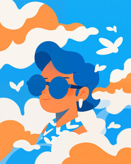 Wall Mural - Minimalistic magazine style illustration of a person in sunglasses, surrounded by clouds and flowers.