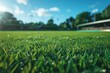 A soccer field with grass and sun shining. Generative AI.