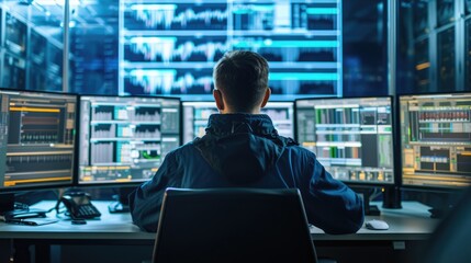 A man, wearing a hat and headphones, sits in front of a multimedia display device in a control room with an electric blue ambiance. AIG41