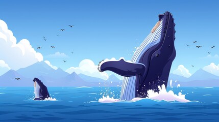 Wall Mural - Majestic Humpback Whales Breaching in Vibrant Ocean Waters with Mountains in the Background