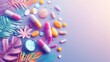 Colorful Pills and Leaves on Purple Background