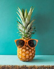 Hipster pineapple with trendy sunglasses against turquoise background. Minimal summer concept