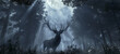 In the heart of an ancient forest, shafts of moonlight pierce through the canopy, revealing a majestic stag with antlers reaching towards the sky