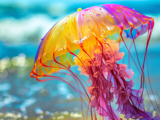 Close up of a colorful jellyfish with its tentacles elegantly enveloping an umbrella blending sea with shelter