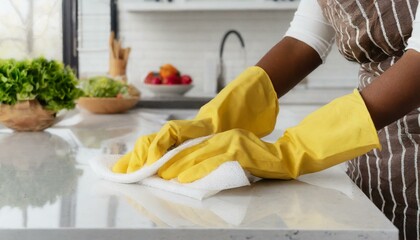 Wall Mural - A woman's hand in a yellow protective glove wipes the kitchen counter with a white cloth. Kitchen cleaning concept 