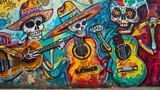 Fototapeta Młodzieżowe - Colorful graffiti letters spelling Cinco de Mayo in a stylistic font against a red brick wall background