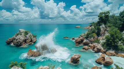 Tropical Paradise Cove with Turquoise Waters and Lush Greenery on a Sunny Day