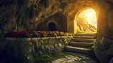 Fototapeta  - Enterance interior of the grand royal easter christian tomb,happy easter cross, easter christian risen, happy easter religious, easter empty tomb, with flowers in the enterance sunrays coming.