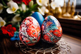 Fototapeta Storczyk - Easter eggs on a wooden table with spring flowers in the background. Greeting card on an Easter theme. Happy Easter concept.