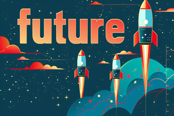 Wall Mural - Colorful space themed illustration with rockets and the word future