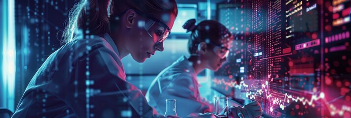 Data Analysis in Modern Laboratory. Two female scientists analyzing data in a futuristic lab with digital screens.