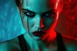 © Matt - Portrait of an Angry Woman under Blue and Red Neon Lights with Blood on Her Face, Assassin, Red Lipstick
