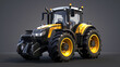 Modern black and yellow tractor on a gray background, showcasing agricultural machinery with a sleek design.