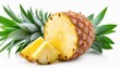 cut pineapple isolated whole pineapple with slice piece and leaves whole and cut pineapple on white full depth of field