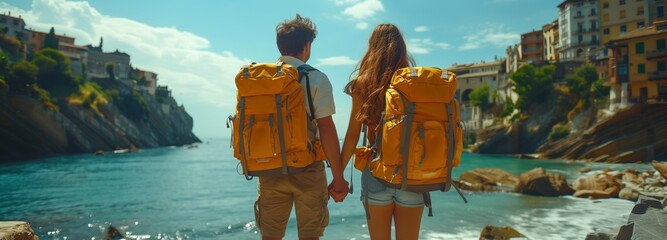 Wall Mural - Couple in shorts holding hands, admiring ocean landscape