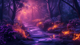 A mystical purple forest emerges from the realm of dreams, with towering trees bathed in a surreal violet hue, casting an enchanting spell over the ethereal landscape.