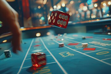 A man throwing dice on a dice table illustrating the dynamic and lively atmosphere of casino gambling.