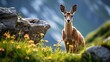 An alpine chamois stands alert in its natural habitat among the lush greenery of the Swiss Alps, showcasing nature's serene beauty