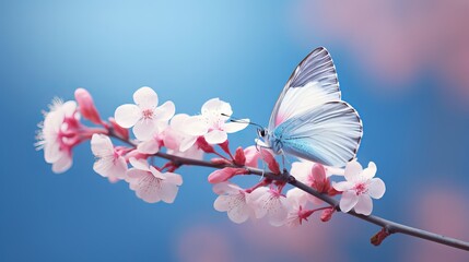 Poster - Beautiful blue yellow butterfly in flight and branch of flowering apricot tree in spring at Sunrise on light blue and violet background macro. Elegant artistic image nature. Banner format, copy space