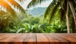 Top of wooden table on blur background with palm tree, jungle or tropical cafe, coffee shop, bar or restaurant. Using for mock up template for display of your design generative ai