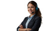 © F U T U R O  - Portrait of a happy call center woman arms crossed isolated on a transparent background for consulting. Smile, customer support or service career with a young employee on PNG for telemarketing