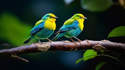 Wall Mural - Cute birds. Beautiful tanager Blue-naped Chlorophonia, Chlorophonia cyanea, exotic tropical green songbird from Colombia. Wildlife from South America. Birdwatching in Colombia. Two animals on branch