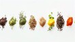 Various colorful spices and herbs are arranged in a neat row on a white background.