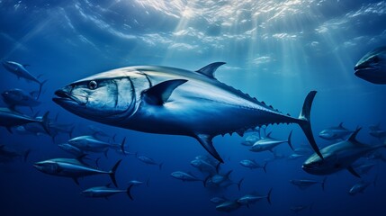 Wall Mural - Inside a giant travelly tuna school of fish close up in the deep blue sea