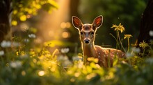 Roe Deer Male On The Magical Green Grassland, European Wildlife, Wild Animal In The Nature Habitat