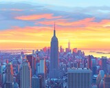 Fototapeta  - Breathtaking Sunrise Over Iconic City Skyline with Sunlight Bathing Skyscrapers in Warm Hues and Vivid Sky