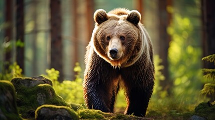 Wall Mural - Wild Brown Bear (Ursus Arctos) in the summer forest. Animal in natural habitat. Wildlife scene