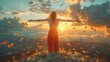 a woman is standing in a field of flowers with her arms outstretched at sunset