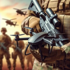 Canvas Print - photo of cheap fpv war drone on blurred military background