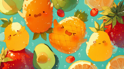 Wall Mural - A bunch of fruit with faces on them