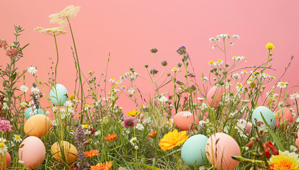 Easter background, colored easter eggs lying in the grass, field flowers, easter flowers background, fresh green spring Easter background with painted eggs on a green grass