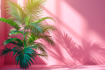 Wall Mural - Blurred shadow from palm leaves on the pink wall. Minimal abstract background for product presentation. Spring and summer.