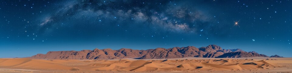 Wall Mural - Sweeping Desert Panorama Under a Star-Filled Sky, Emphasizing the Expansive and Timeless Nature of the Landscape