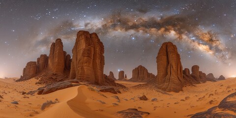 Wall Mural - Majestic Nighttime Panorama of Towering Desert Rock Formations Under a Star-Studded Sky