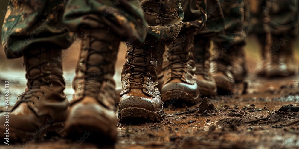 Soldiers boots in Basic Combat Training for the US military - Army, Navy, Air Force, and Marine. Recruits in camouflage uniform working out and learning the basics of military warfare and fitness. 