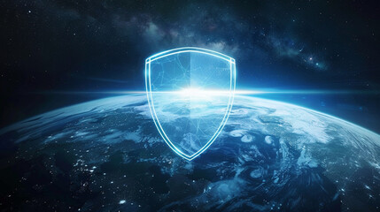 Global Cybersecurity Shield Surrounding Earth. Digital protection shield with network lines over Earth from space, representing global cyber security and data defense.