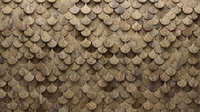 Semigloss, Textured Mosaic Tiles arranged in the shape of a wall. Natural Stone, Fish Scale, Blocks stacked to create a 3D block background. 3D Render