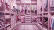 Luxury wardrobe in pink tones, stylish clothes organised on shelves in a large walk-in closet interior..