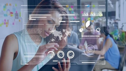 Poster - Animation of data processing and diagrams over caucasian woman using smartphone