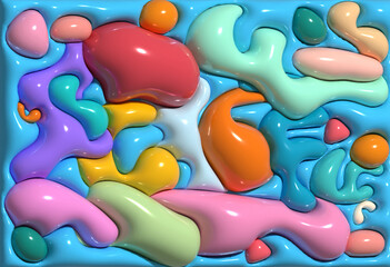 Poster - Abstract blue background with various inflated figures, 3D rendering illustration
